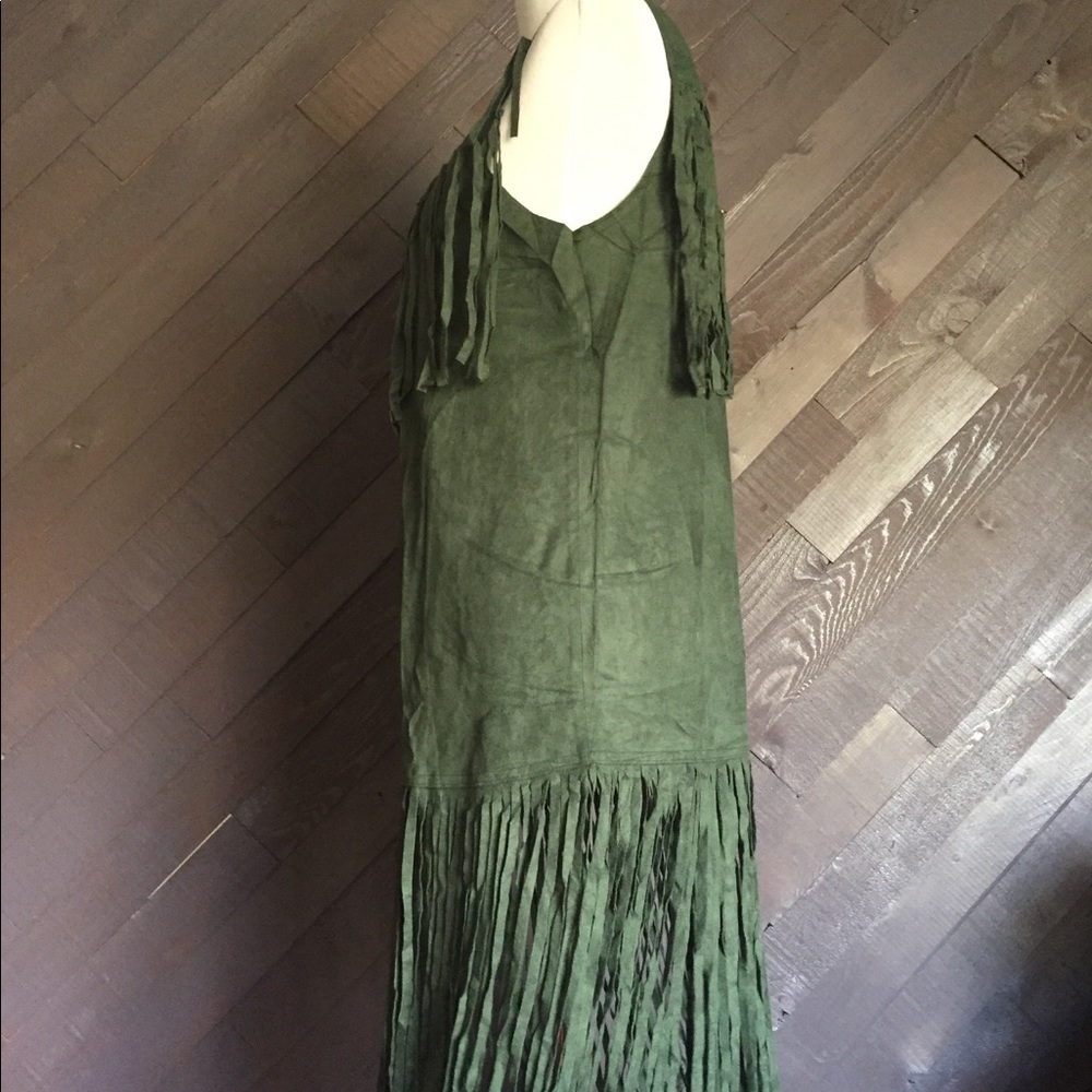 Green Suede Like Long Fringed Vest  - Picture 2 of 7